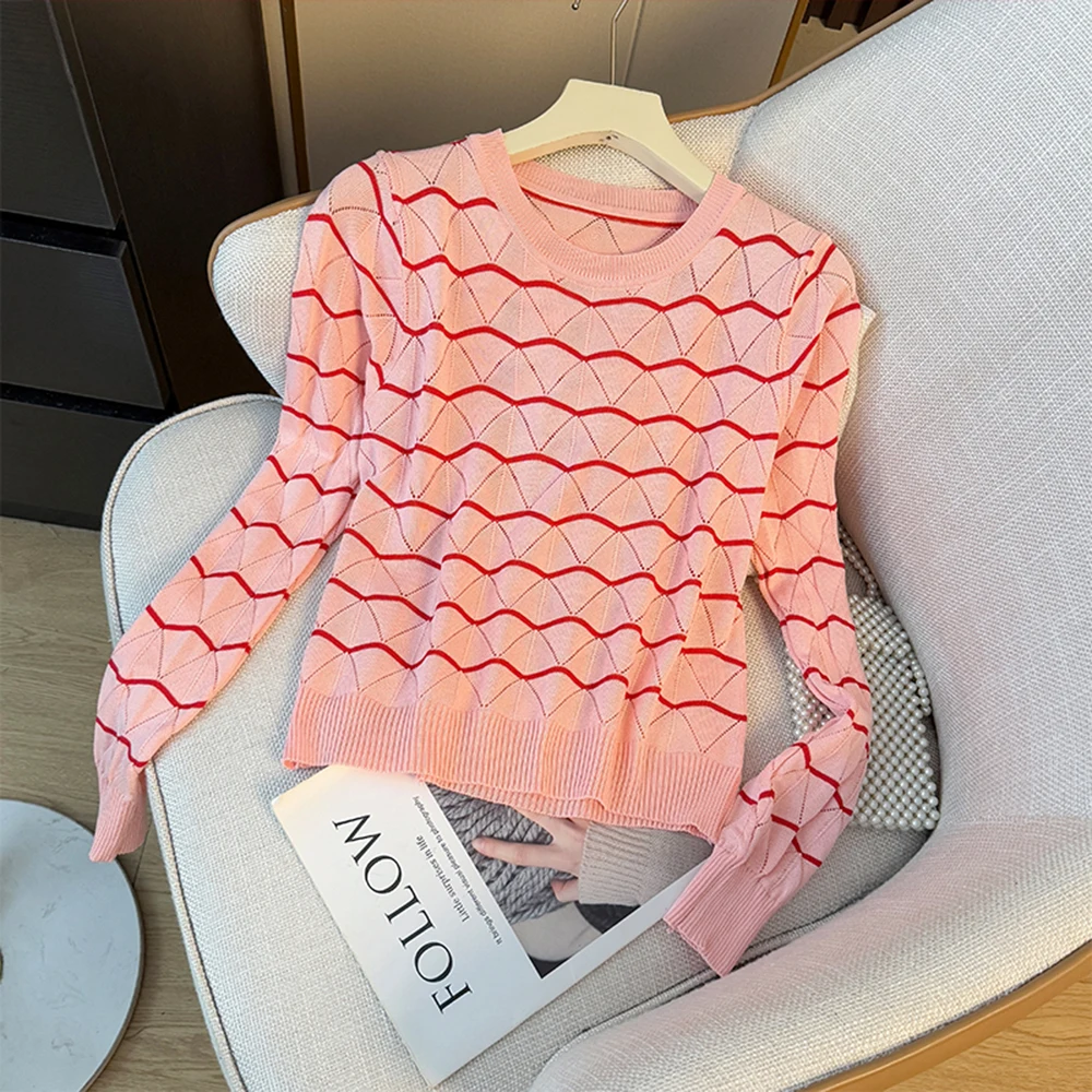 

Wave Stripe Round Neck Design Pullover Contrast Color Long Sleeve Top Minimalist Style Knit Sweater Spring Womens Clothing