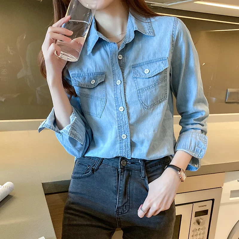 #3115 Spring Denim Shirt Women Slim Fit Casual Office Jeans Shirt Long Sleeve Womens Tops And Blouses Blue Cotton Thin Vintage