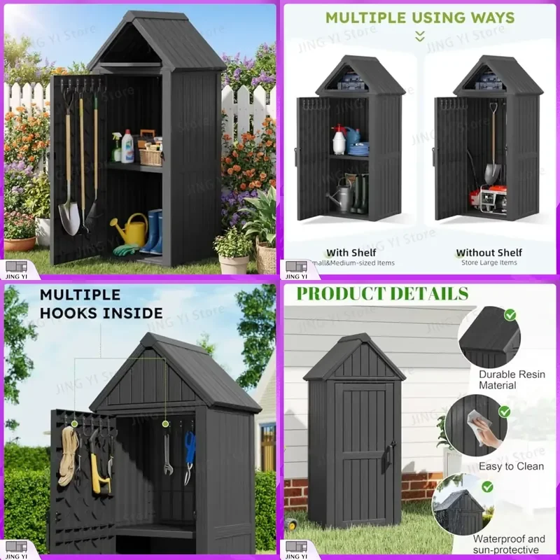 Outdoor Storage Shed Waterproof Resin Storage Cabinet with Removable Shelves and 12 Hooks Lockable Small Shed for