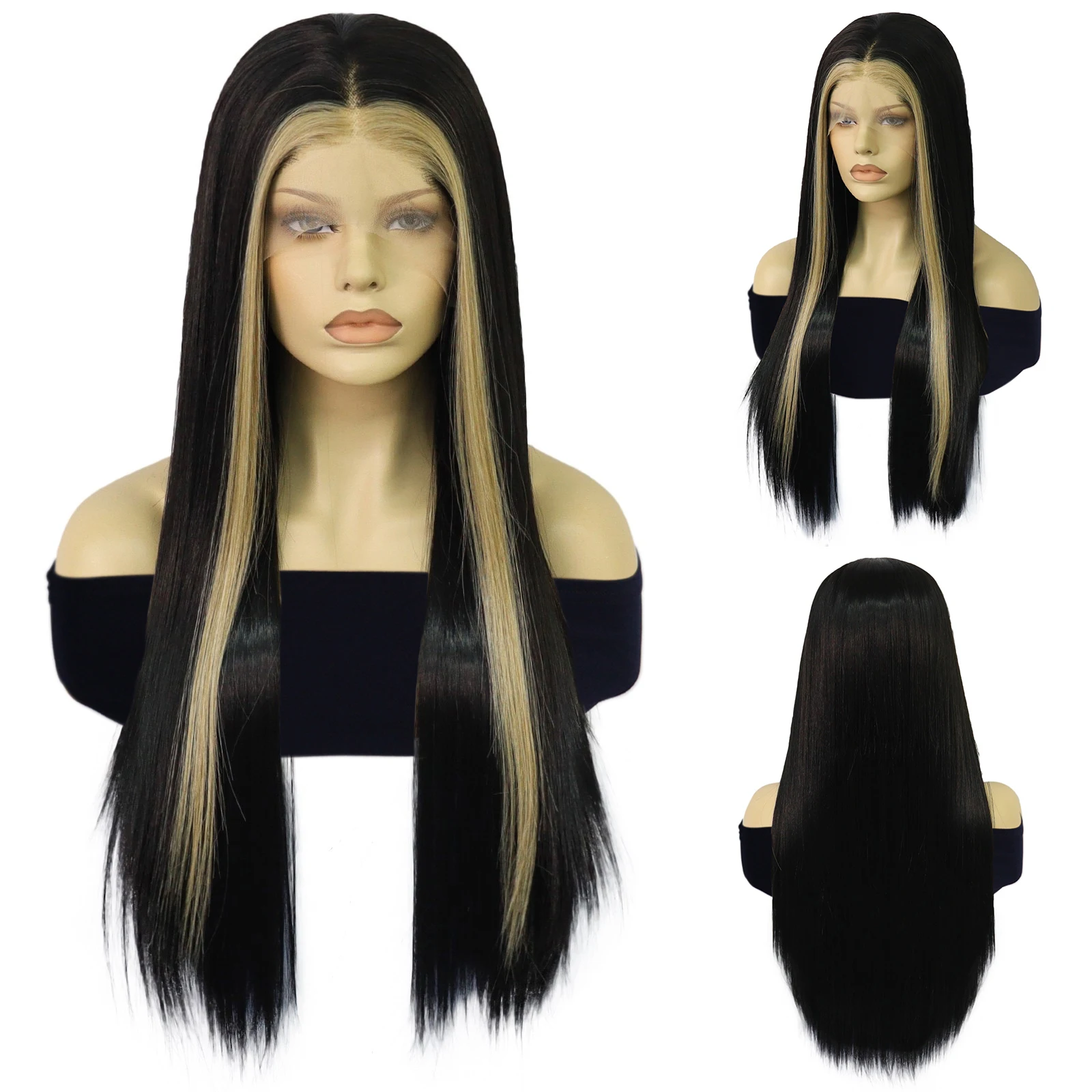 13 * 3 striped wear-resistant adhesive free wig synthetic lace front wig, black and gold wig, straight to medium length wig