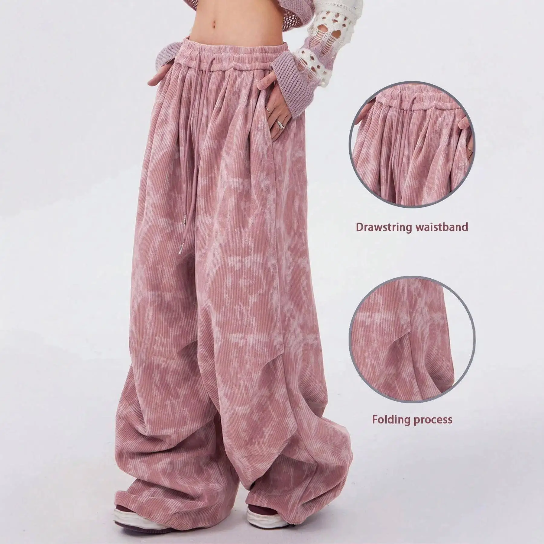 

High Waist Drawstring Wide Leg Pants Women's Loose Fit Corduroy Tie Dye Casual Trousers Comfortable Elastic Waist Pants
