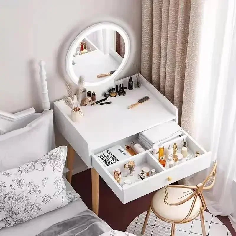 

50/60/70cm Vanity Desk with Touch Screen Lighted Mirror with Drawer Makeup Vanity Table Set Bedroom Dressing Table Storage Shelf