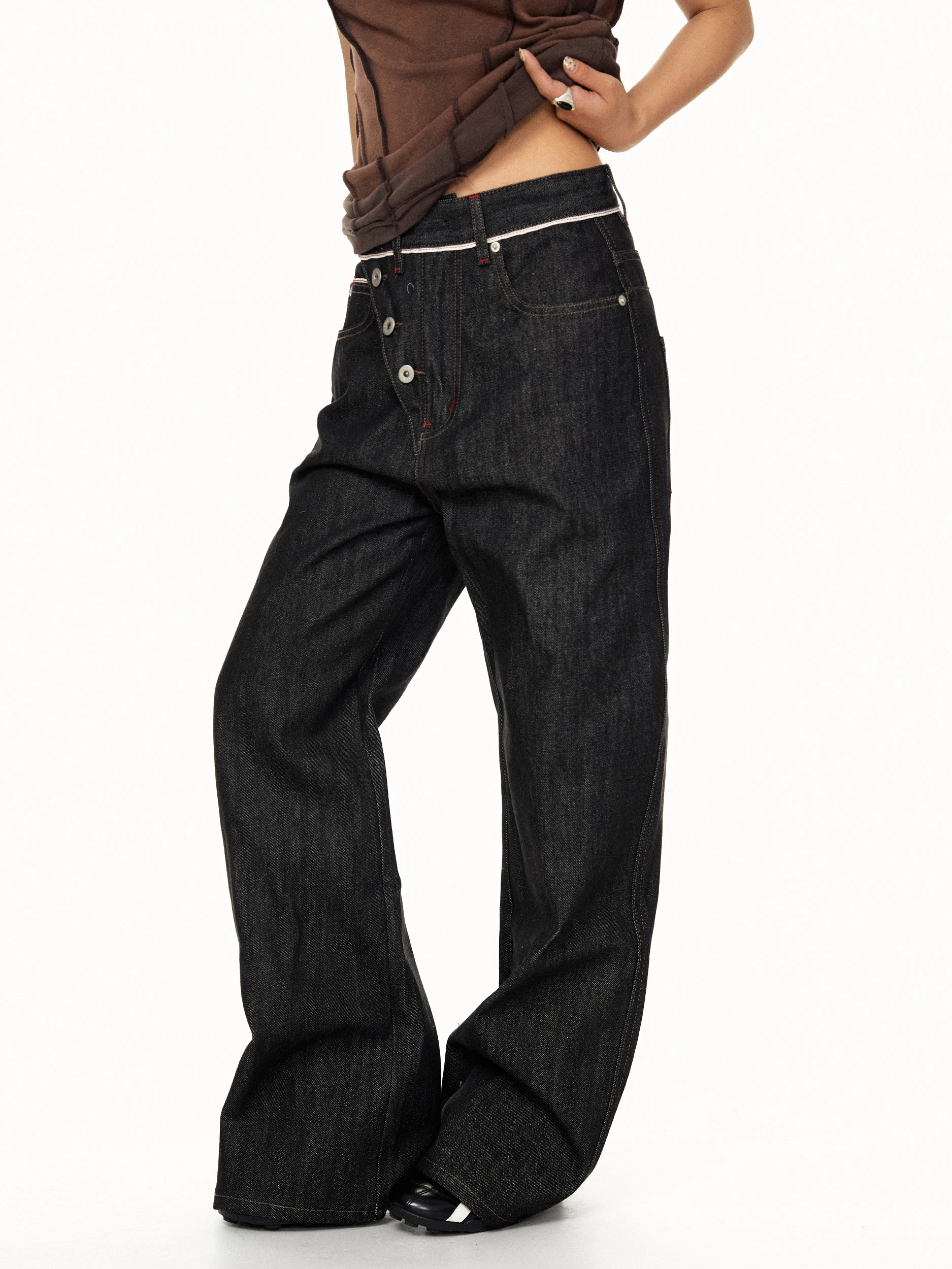 Retro Blackbb Casual Side Buckle Wide Leg Jeans Loose A-Line Denim Pants Low Waist Cotton Fabric Vintage Style Summer Collection