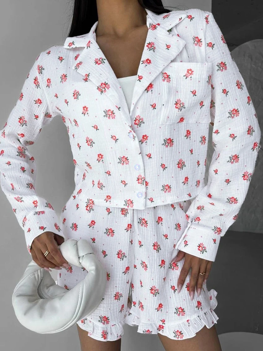 Marthaqiqi Casual Printing Women Sleepwear Set Turn-Down Collar Pajamas Long Sleeve Nightie Crop Top Pyjamas Shorts Pijamas Suit