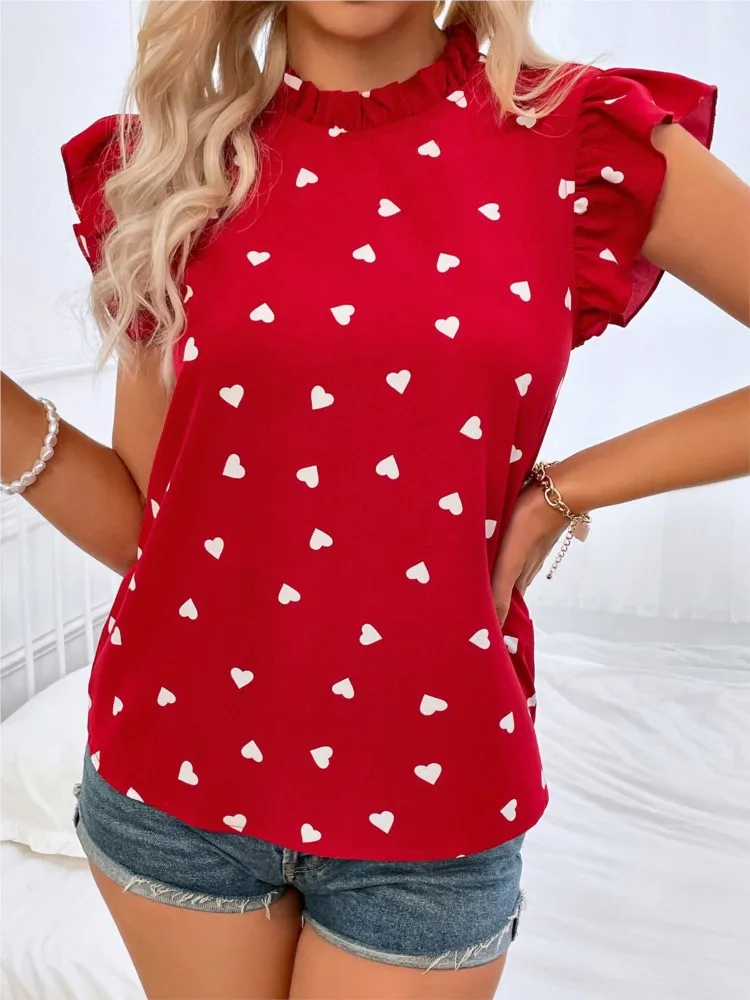 Camicetta a pois con scollo a O a maniche corte arruffata alla moda per le donne 2024 camicia con stampa Casual estiva camicette dolci e Top