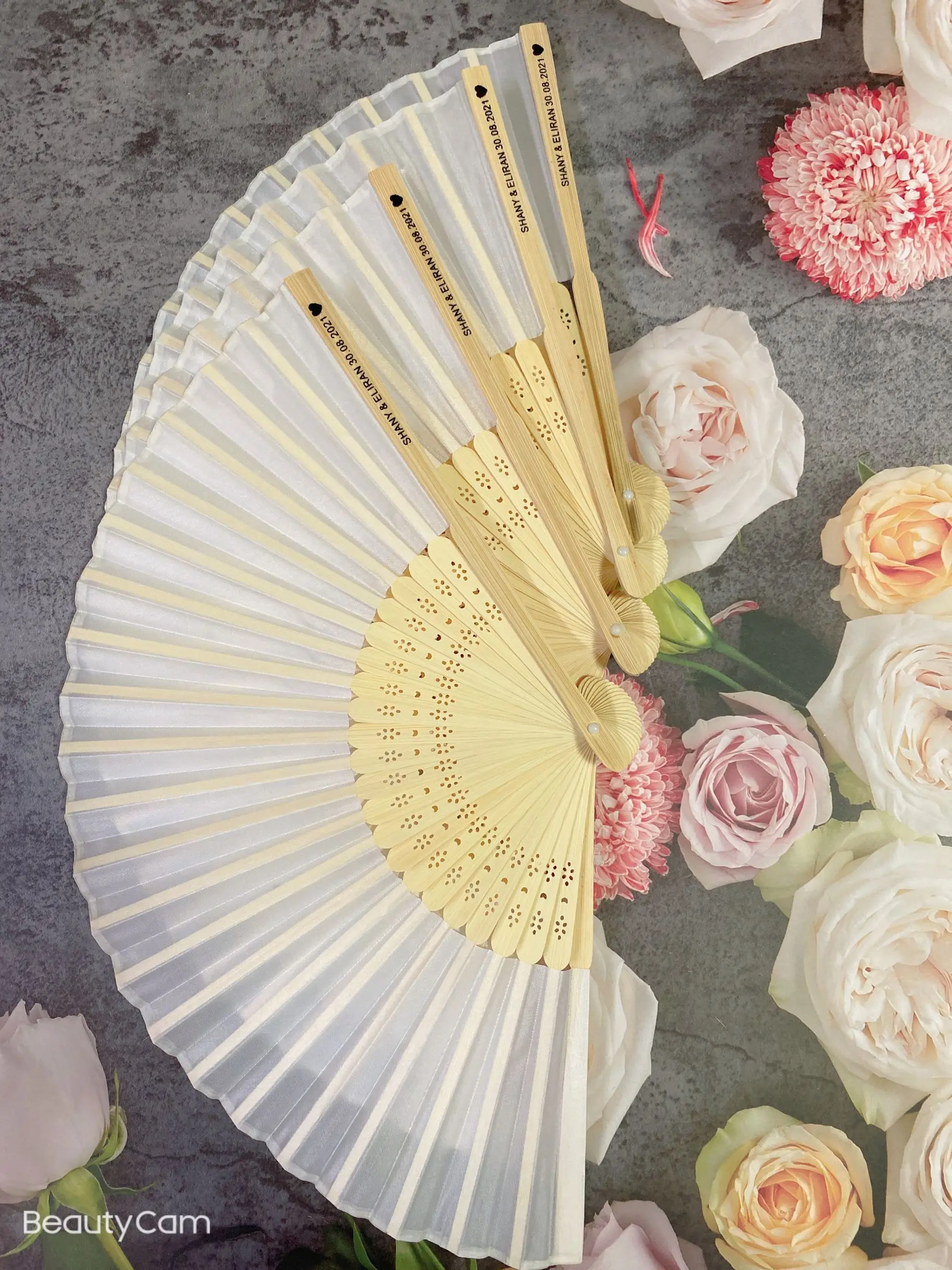 Custom luxury silk folding hand fan, elegant laser cut gift box + party gift / + print wedding gift, 20 pieces per batch