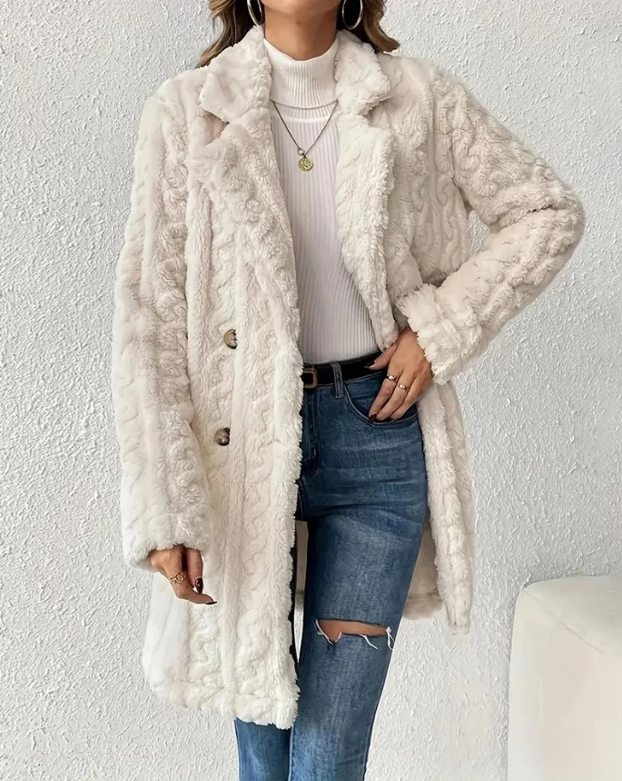 

Women's Autumn Fashion New Coat Cable Textured Lapel Neck Double Breasted Fleece Longline Coat Shipped Within 48 Hours