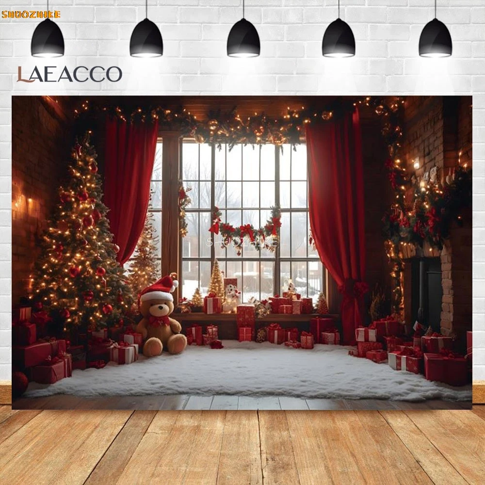Winter Christmas Photography Backdrop Window Toy Bear Christmas Tree Kid Family Portrait Wood Floor Festival Party Backgrounds