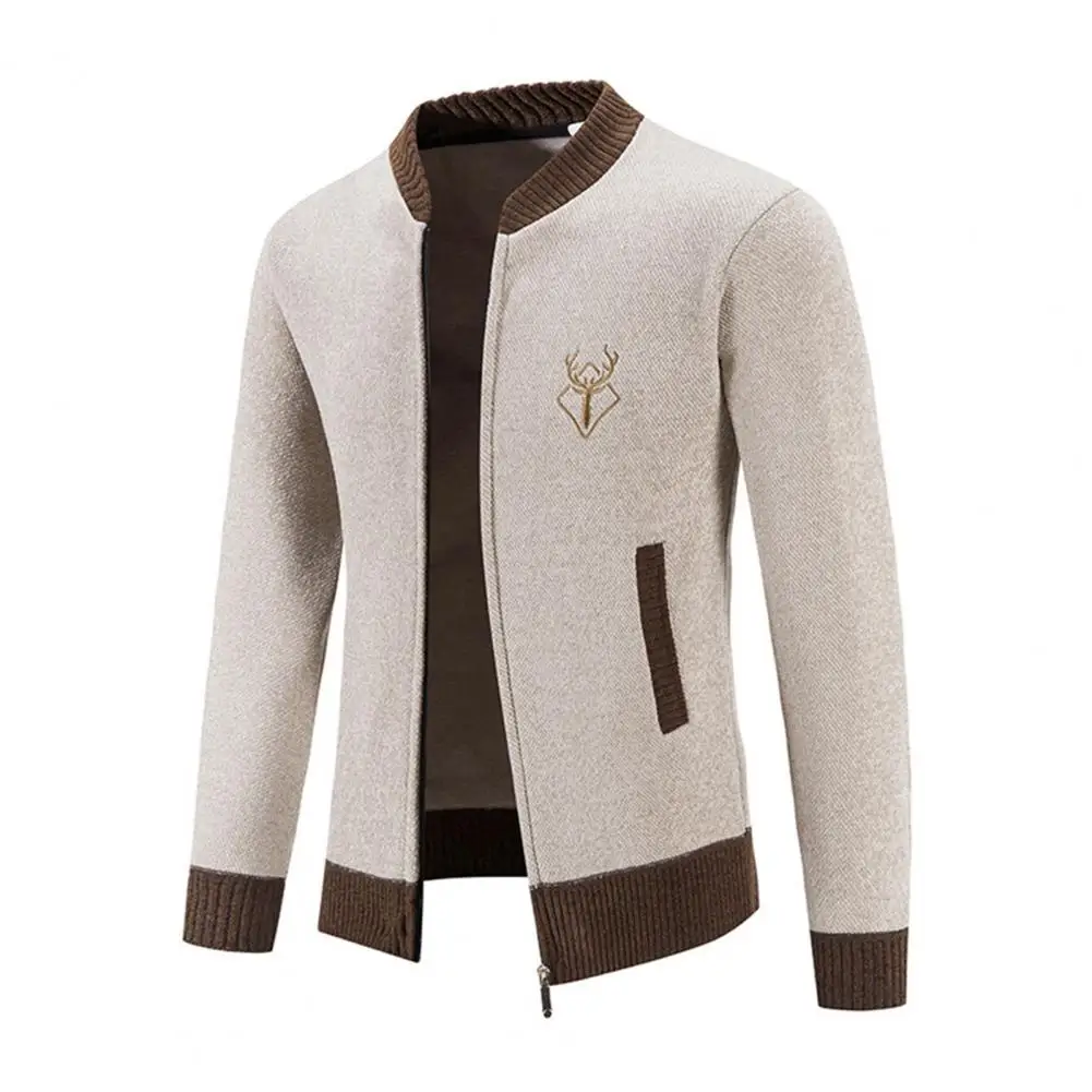 

Fall Winter Sweater Coat With Side Pockets Round Neck Zip-up Slim Fit Thickened Long Sleeves Embroidery Daily Work Dating Jacket