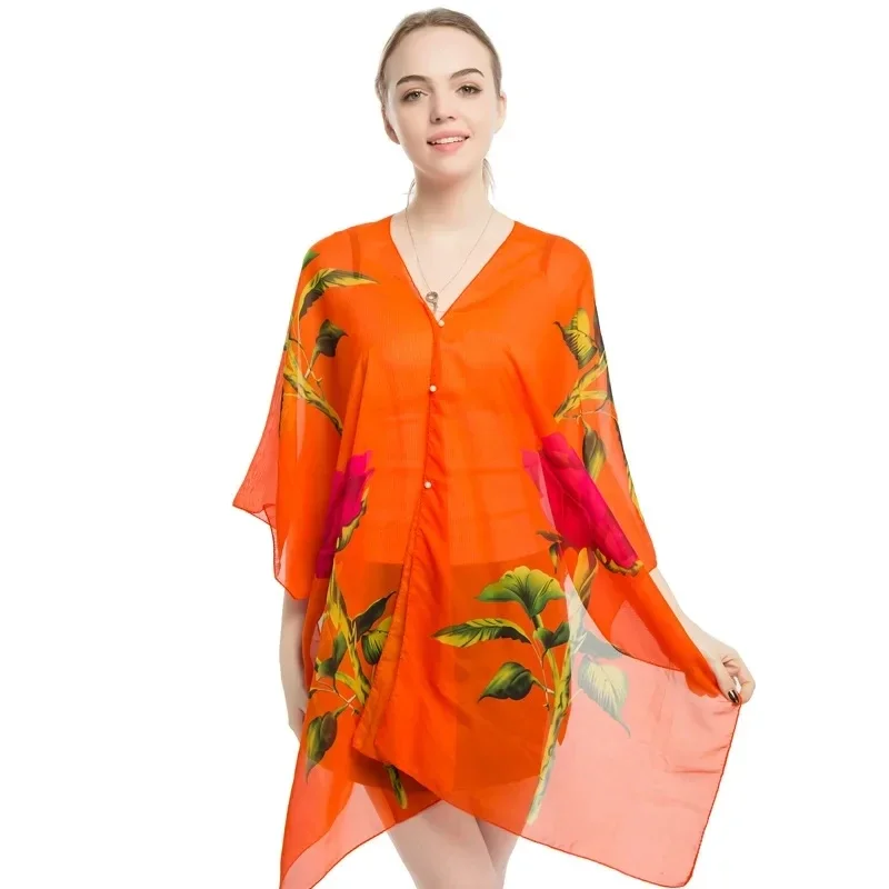 

2024 Summer Poncho Capes Cycling Sunshade Shawl Women Silk Scarf New Chiffon Printing Sunscreen Lady Shawl Cloak Orange