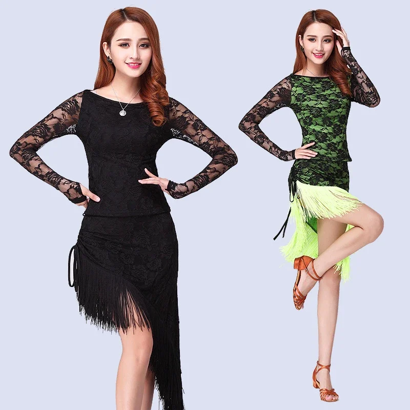 

High Quality Latin Dance Set Blouses & Skirt Fringes Lace Ballroom Performance Costumes with Tassel Salsa Tango Dress