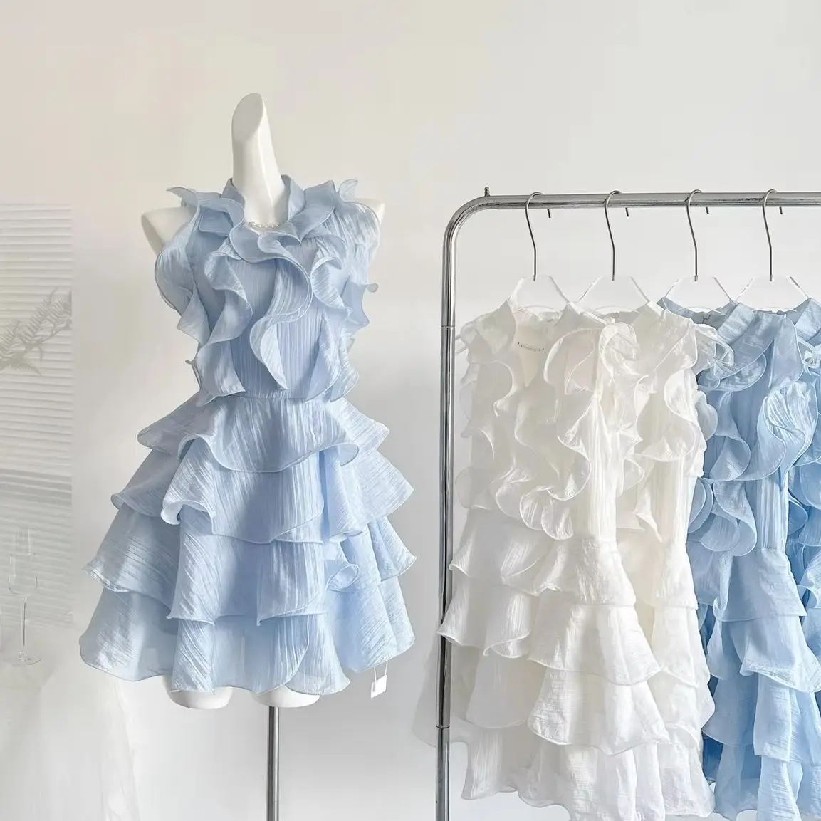 

Heavy Industry Ruffles High Waist A-Line Dress Korean Fashion Summer Sleeveless Vest Sundress White Dress Vestidos Mujer 2026