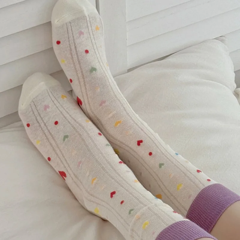 Women's Socks Spring Summer Breathable Dopamine Socks Pure Cotton Love Polka Dots Sweet Girl Stockings Sweat Absorbing Wholesale