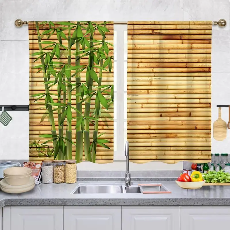 Green Bamboo Curtain Natural Wood Blind Print for Kitchen Window Asian Style Decor