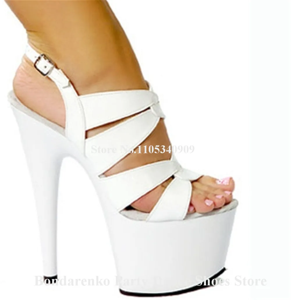 Bondarenko Elegant White Black Leather Stiletto Heel Sandals Open Toe Straps Cross High Platform 17cm Thin Heel Dance Shoes
