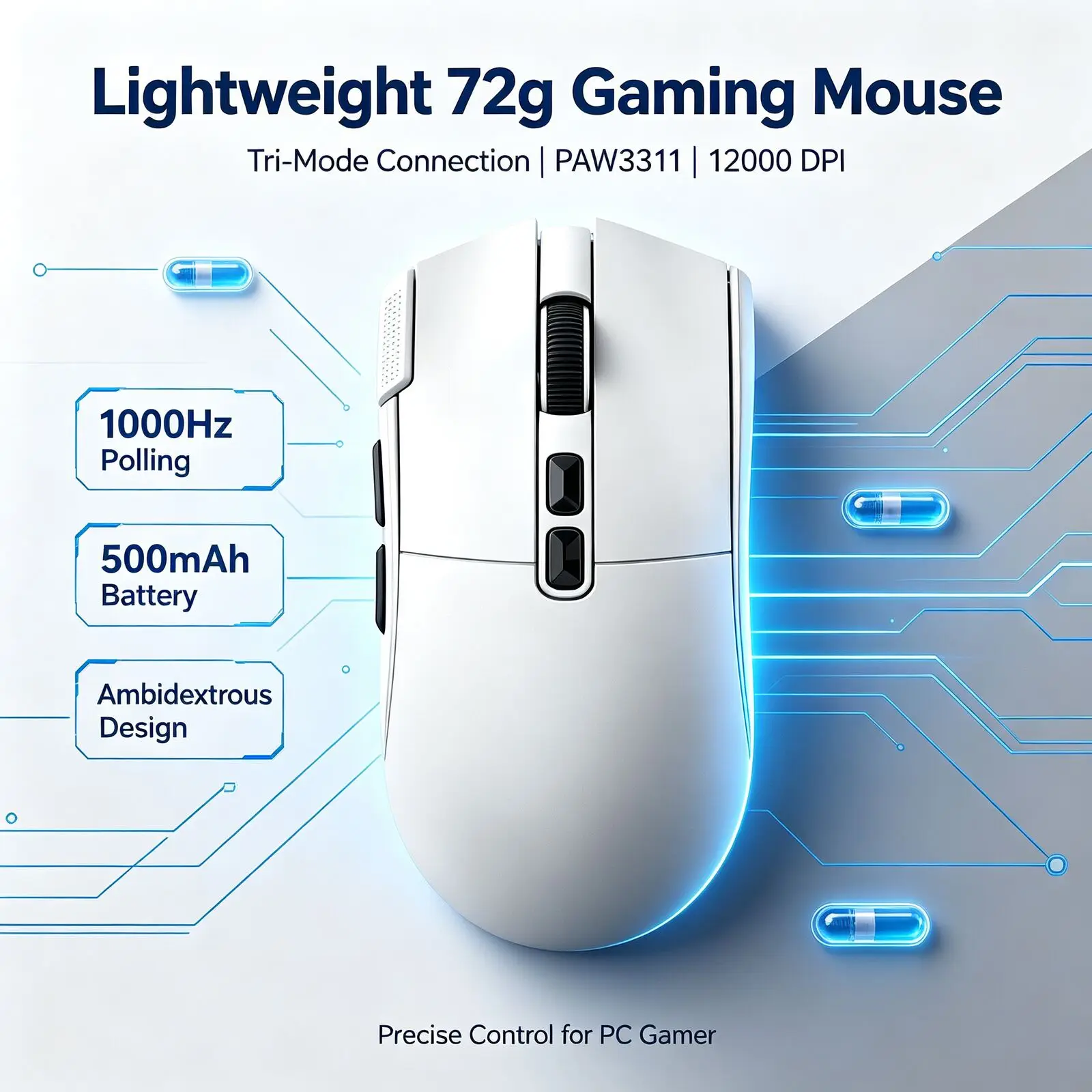 Tri‑Mode Wireless Gaming Mouse PAW3311 72g Lightweight 12000DPI 1000Hz 500mAh Rechargeable Ergonomic Macro for PC Laptop Gamer