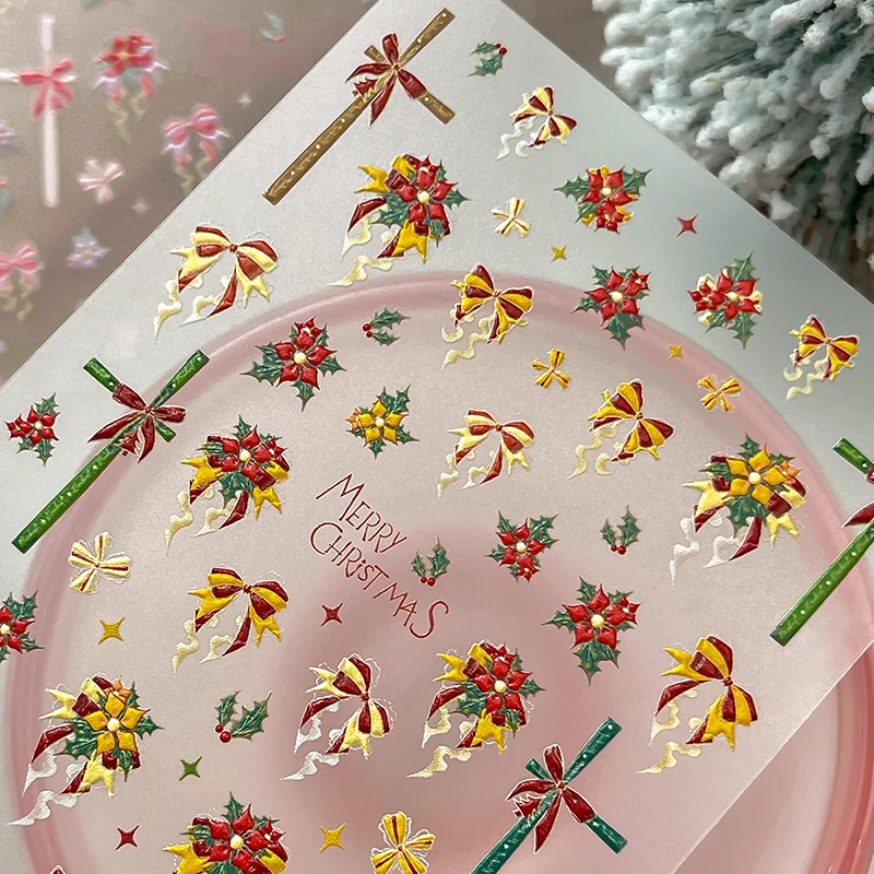 1 Arkusz Naklejek na Paznokcie z Motywem Świątecznym Kokardki, Naklejki Kawaii do Zdobienia Paznokci, Akcesoria DIY na Nowy Rok, Naklejki do Manicure