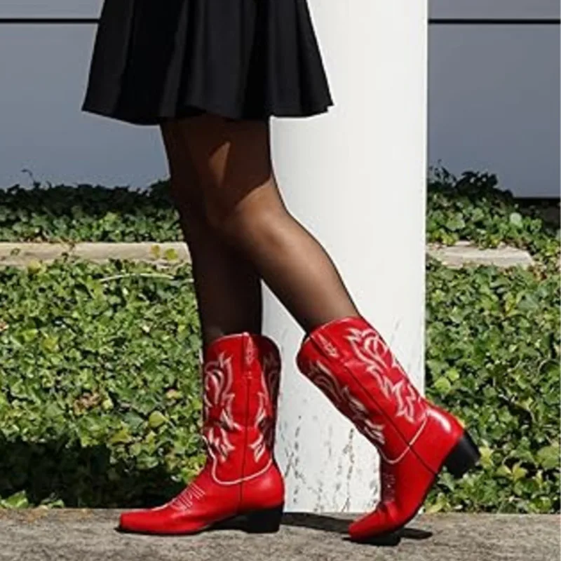

Red Women Mid Calf Embroidered Cowboy Boots Wide Retro Western Boots For Women Slip On Shoes