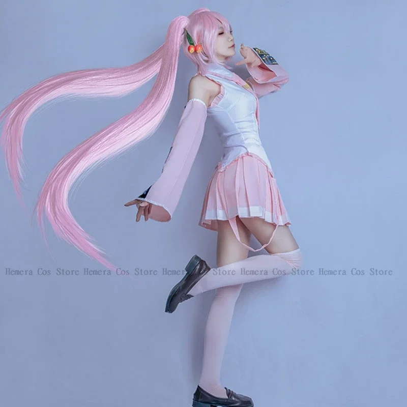 사쿠라 미쿠 세카이 미쿠오 코스프레 코스튬 가발, 핑크 세트 모자, 카니발 애니메이션 코스프레 장식, 할로윈 파티 디바 의상, 여성