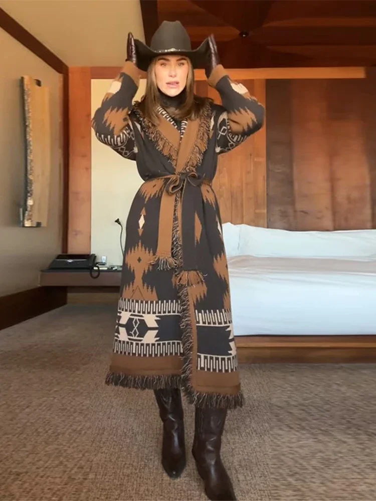 Tassels Print Women's Long Cardigan Chic Lace Up Full Sleeve V-Neck Loose Lady Overcoat Autumn Winter Female Street Outwear