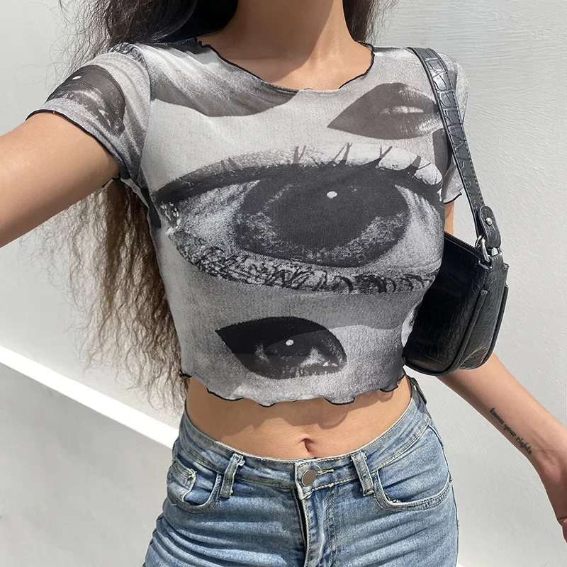 New Graphic T-shirt Women's Mesh Big Eye Print Fungus Edge Fashion Casual Harajuku Short Cropped Navel Y2K Top T-shirt