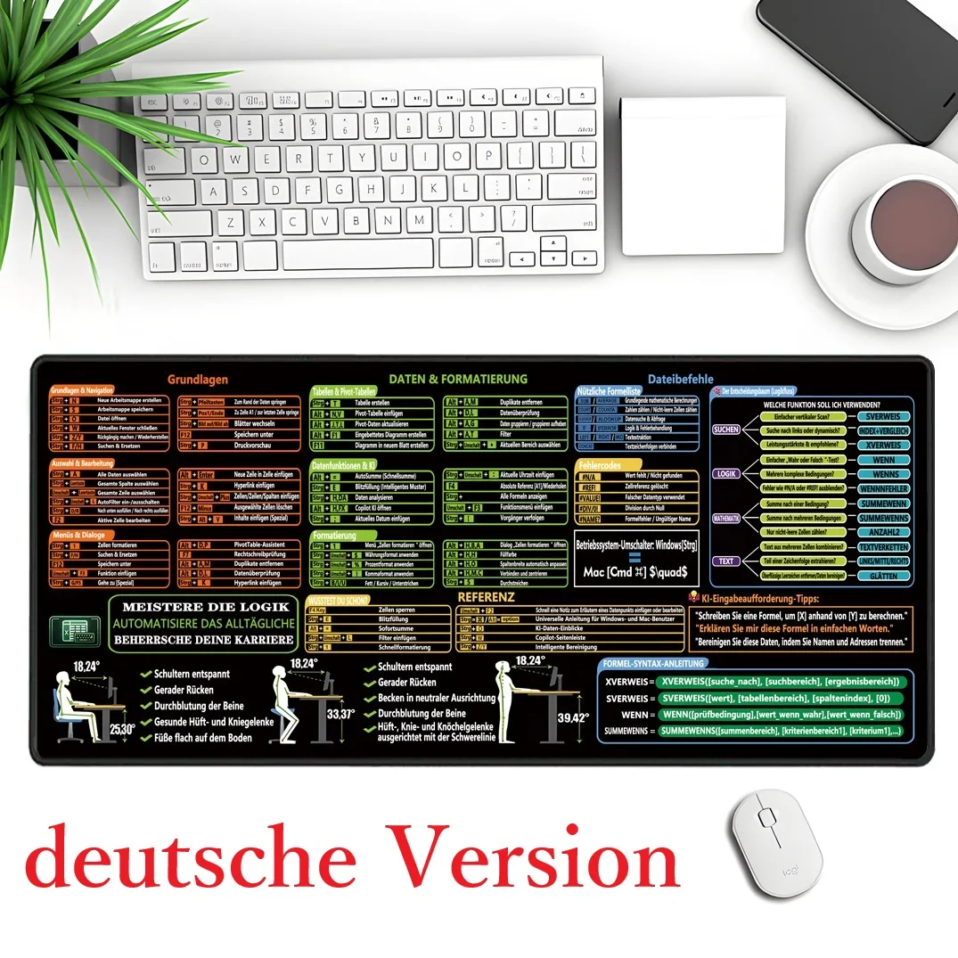 Version allemande, Tapis de bureau Excel avec astuces IA et guide XLOOKUP, Tapis de souris avec raccourcis Excel pour CPA, Finance