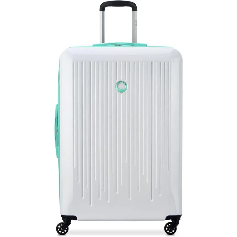 Christine Hardside Expandable Luggage with Spinner Wheels, White with Teal Trim, Checked-Large 28 Inch