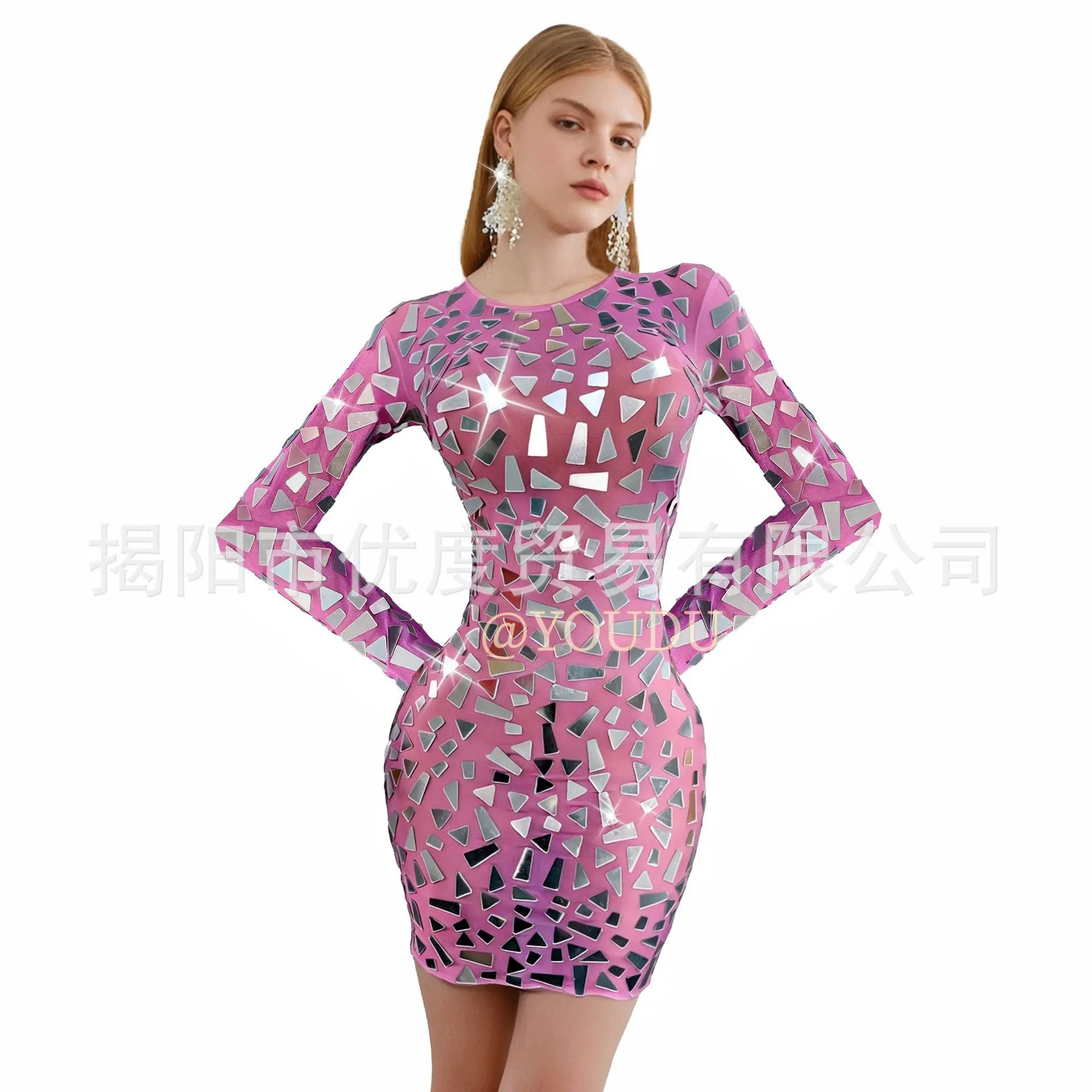

Pink Crystal Lenses Long Sleeve Dresses Cocktail Party Birthday Stage Performance Dresses Short Skirt Mirror Pieces Partykleider