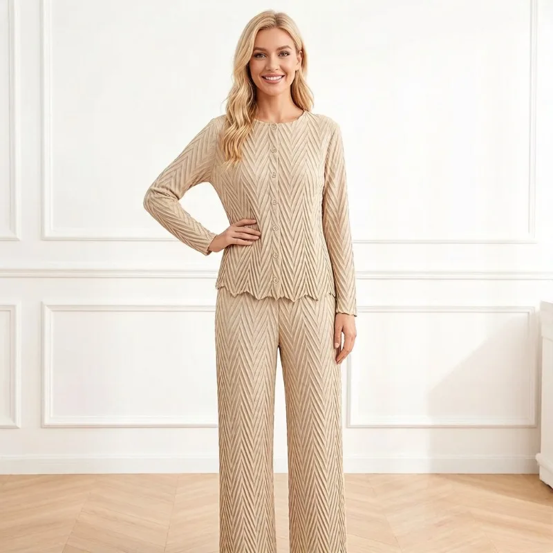 

Miyake Fold New Spring Fashion Set Women's Design Style Temperament Round Neck Long Sleeve Top Straight Pants Two Piece Set