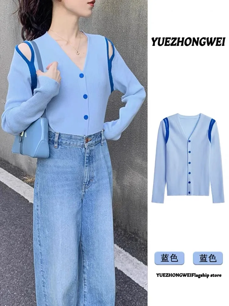 

Color blocked V-neck blue hollowed out knitted cardigan for women in spring and autumn 2024, new slim fit off shoulder inner top