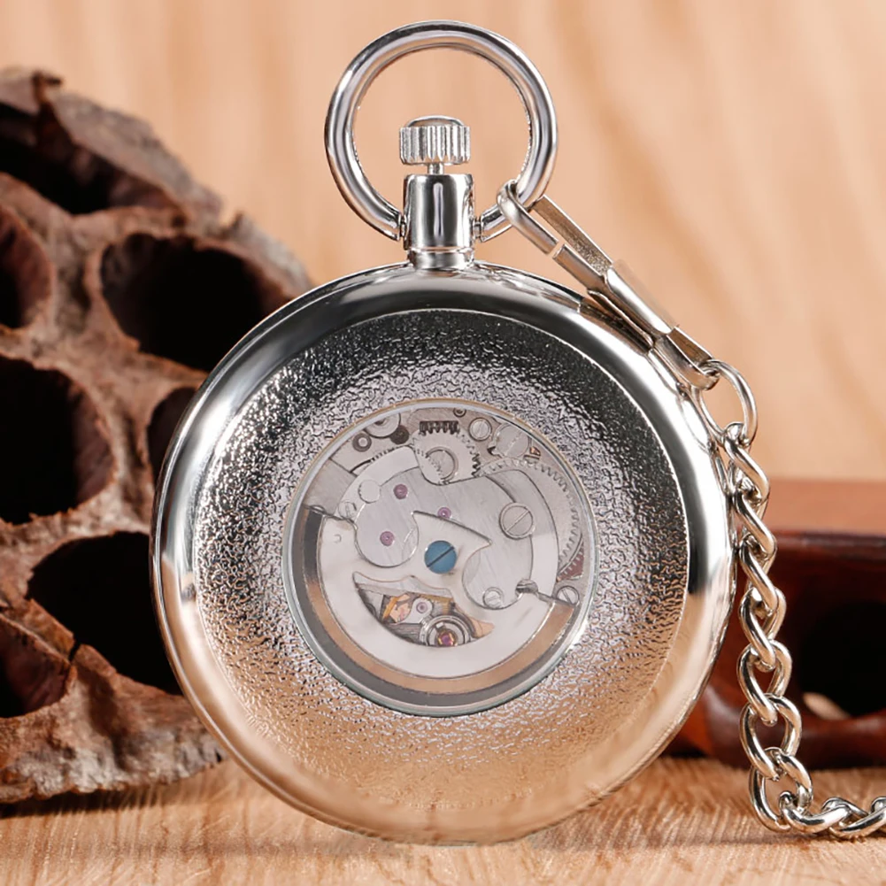 Silver/Bronze Automatic Mechanical Pocket Watch Open Face Roman Numerals Dial 30cm FOB Chain Self Winding Pocket Clock Gift Men