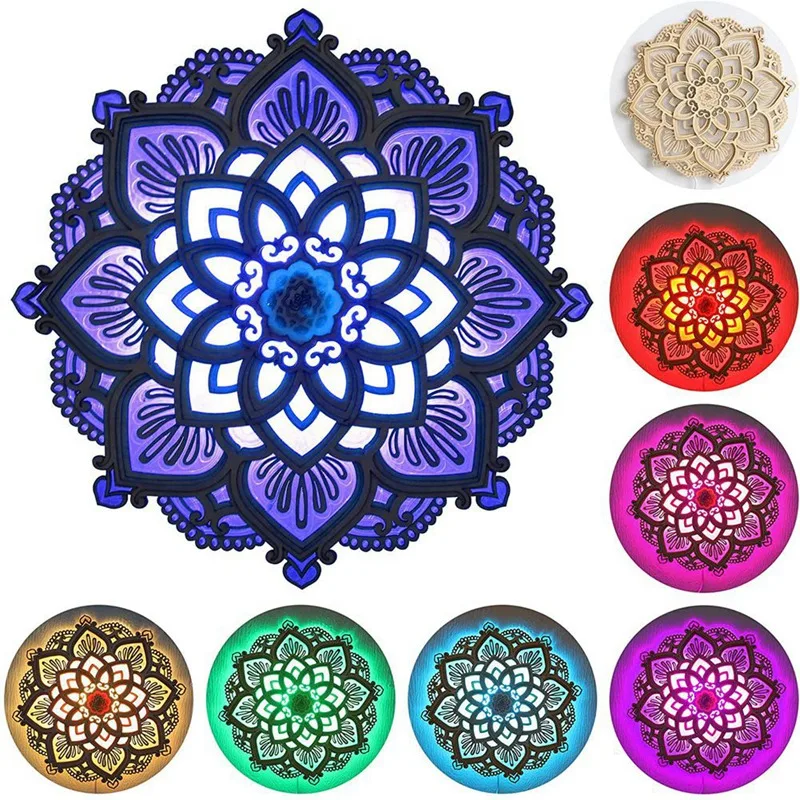 LED Night Light Modern Wall Decor With USB Ports Elegant Wooden Mandala Hanging MDF Panels Lamp Decoration