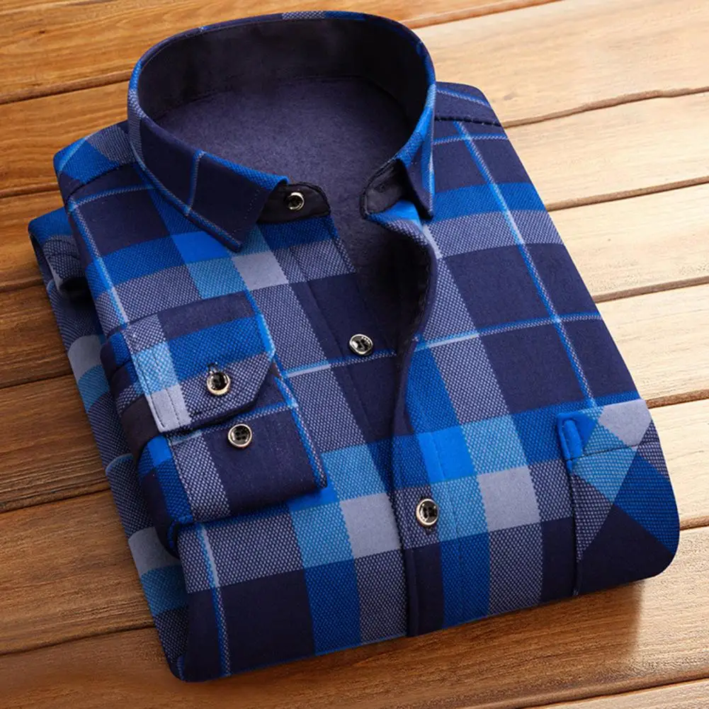 Men Fall Winter Shirt Plaid Print Thick Plush Shirt Long Sleeve Lapel Formal Business Style Mid-aged Father Shirt Top