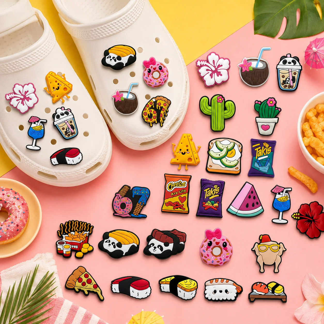 1-25 PCS Hamburger Meal Shoe Charms Sushi Accessories, Beverage Watermelon Charms for Shoes, Cheese Donut Wooden Clogs