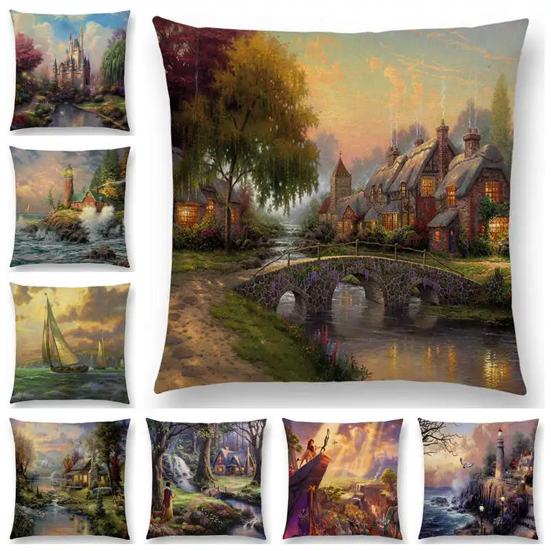 

Newest American Countryside Oil Painting Cushion Cover Beautiful Scenery the castle lighthouse Sofa Throw Pillowcase