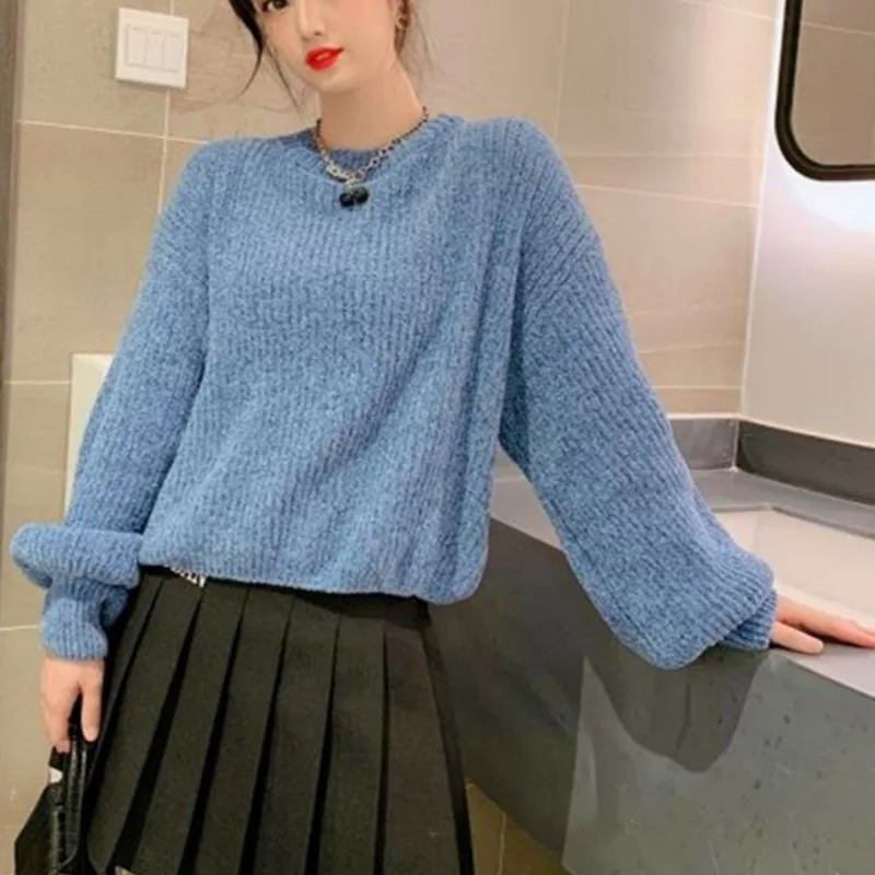 Chenille Sweater Pullover Lantern Sleeves Versatile Loose and Lazy Autumn/Winter New Knitted O Neck Sweater Pullover Female Top