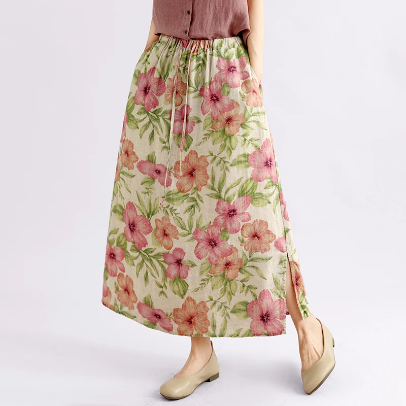 Retro Washed Cotton Linen Casual Digital Print Halter Neck  Dress Spring Autumn New Style High Waist Straight Cut Skirt