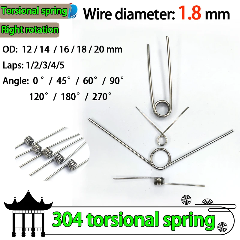 Wire Diameter 1.8mm Right Torsion Spring Return and Reset V-shaped Spring Right Rotation Spring  Laps1/2/3/4/5lap 304SUS 5PCS