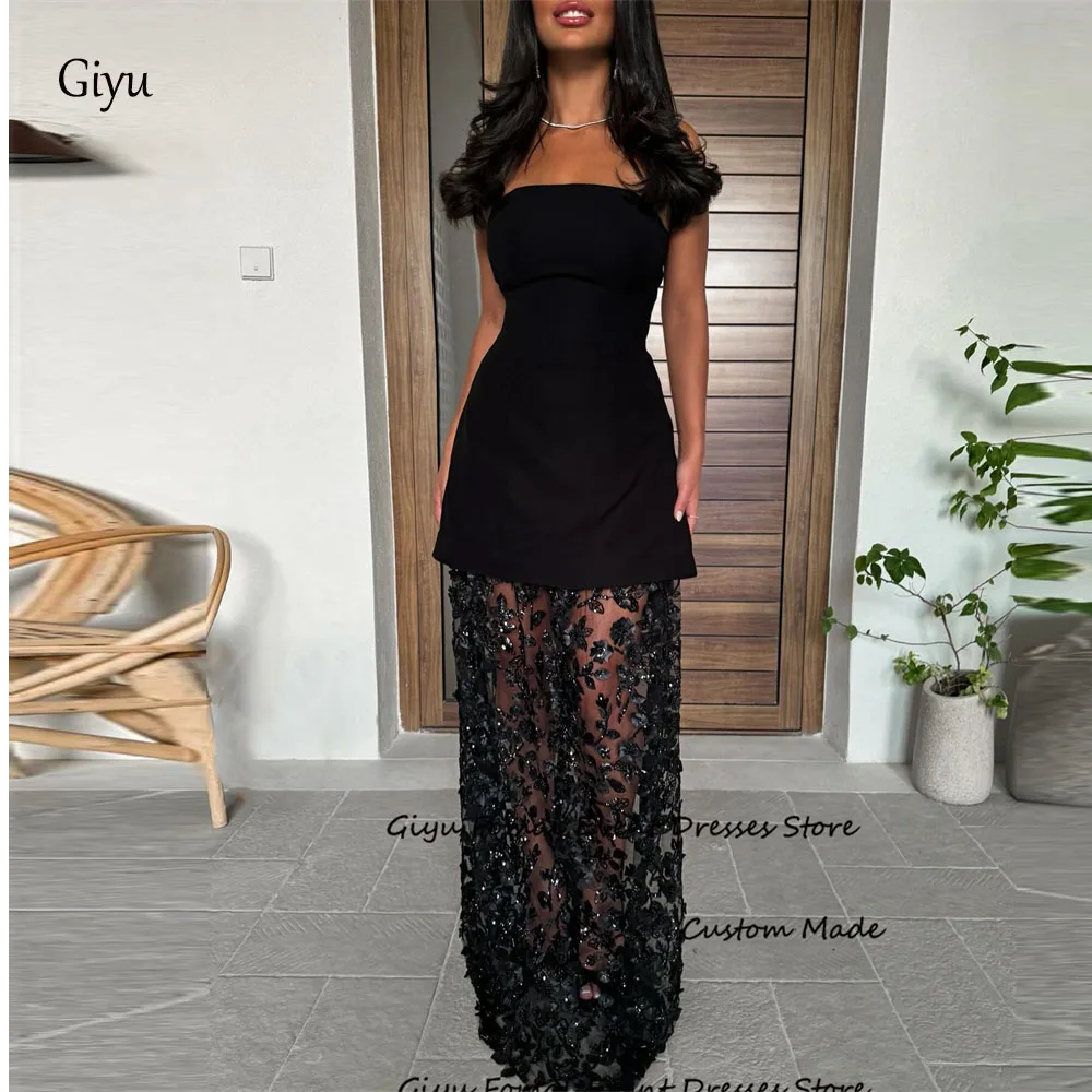 Giyu Black Formal Evening Dresses Dubai Arabic Women Strapless Lace Skirt Floor Length Prom Gowns Formal Party Dress Customized