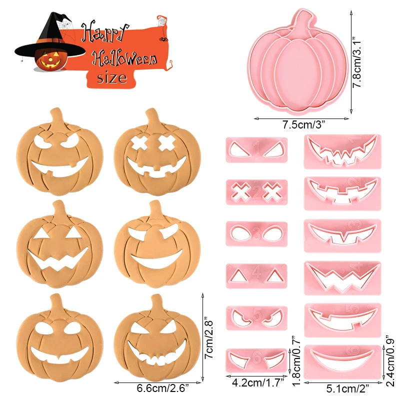 13Pcs Halloween Cookie Cutters 3D Pumpkin DIY Face Biscuit Mold Fondant Embosser Stamps Halloween Party Cake Decorating Tools