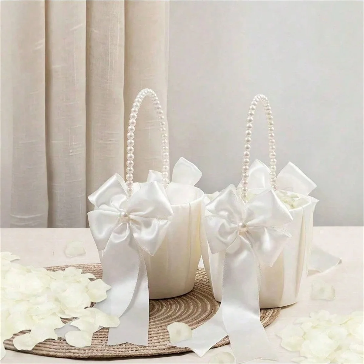 Wedding Flower Girl Basket with Cute Pearl Handle Bowknot Satin Flower Baskets for Wedding Ceremony image 3