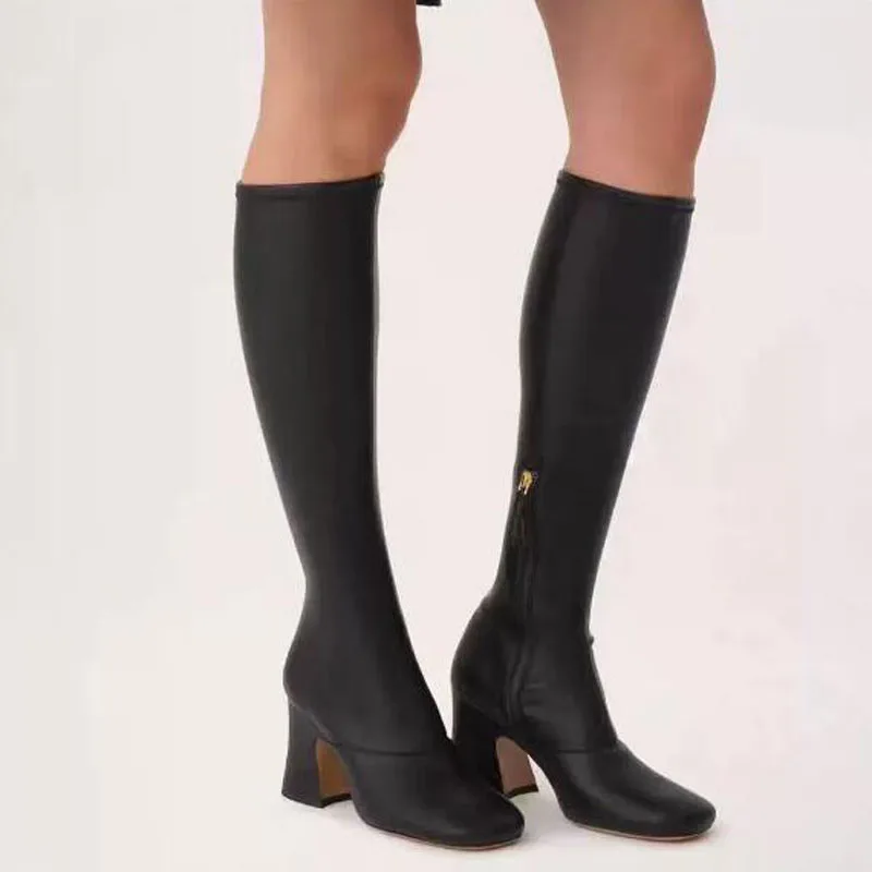 Autumn Women Black Matte Leather Square Toe Slim Knee High Boots Chunky Heels Stretch Long Boots Women Drop Shipping Size 43
