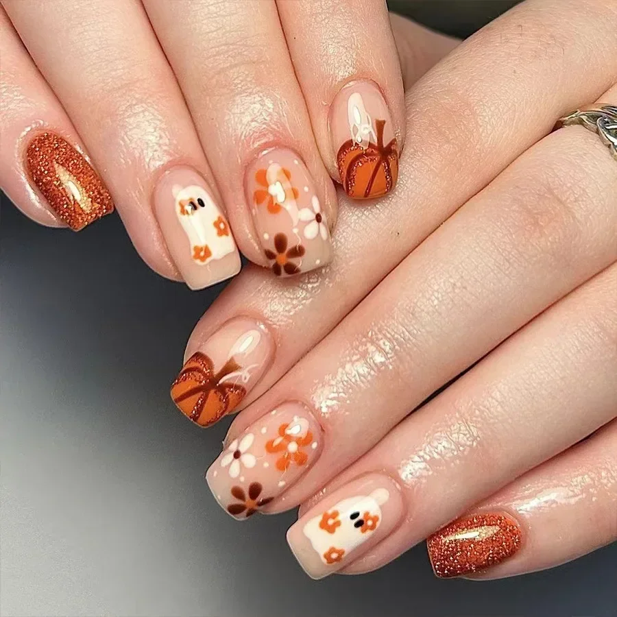 24pcs Halloween Themed Nail Tips-Orange Glossy Square Short Press-On Nails with Cute Pumpkin and Boo Pattern for Women and Girls