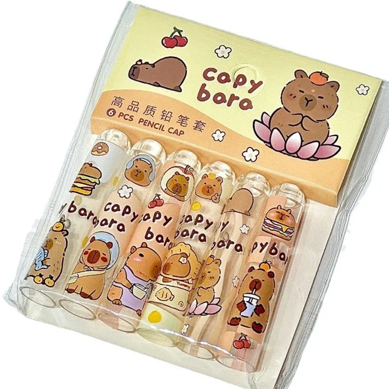 6Pcs/Set Cute Capybara  Pencil Cap Set Cartoon Plastic Pen Cover for Multiple Shape Stationery School Office Supplies kids gift