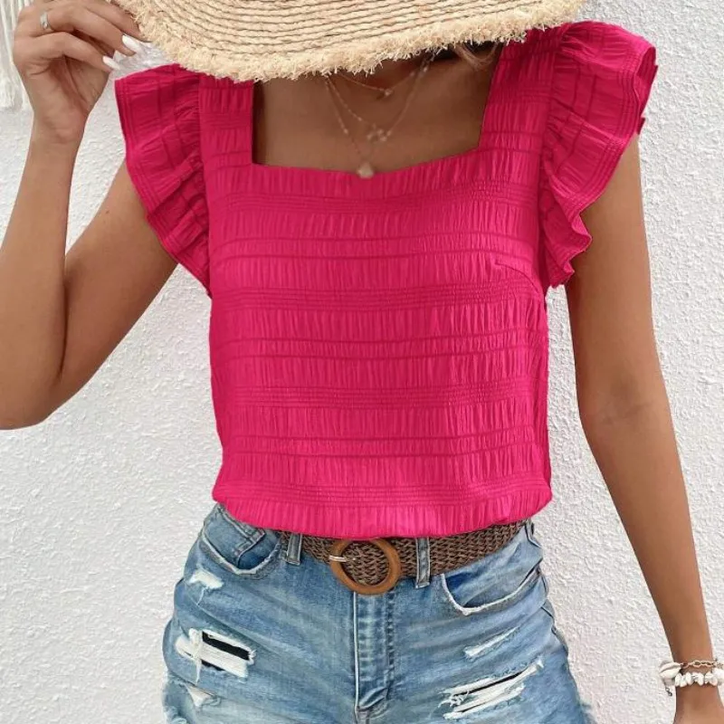 Women Summer Vintage Ruffle Patchwork T Shirt Y2k Women Square Neck Blouses Short Sleeve Shirt Crop Pleated Tops