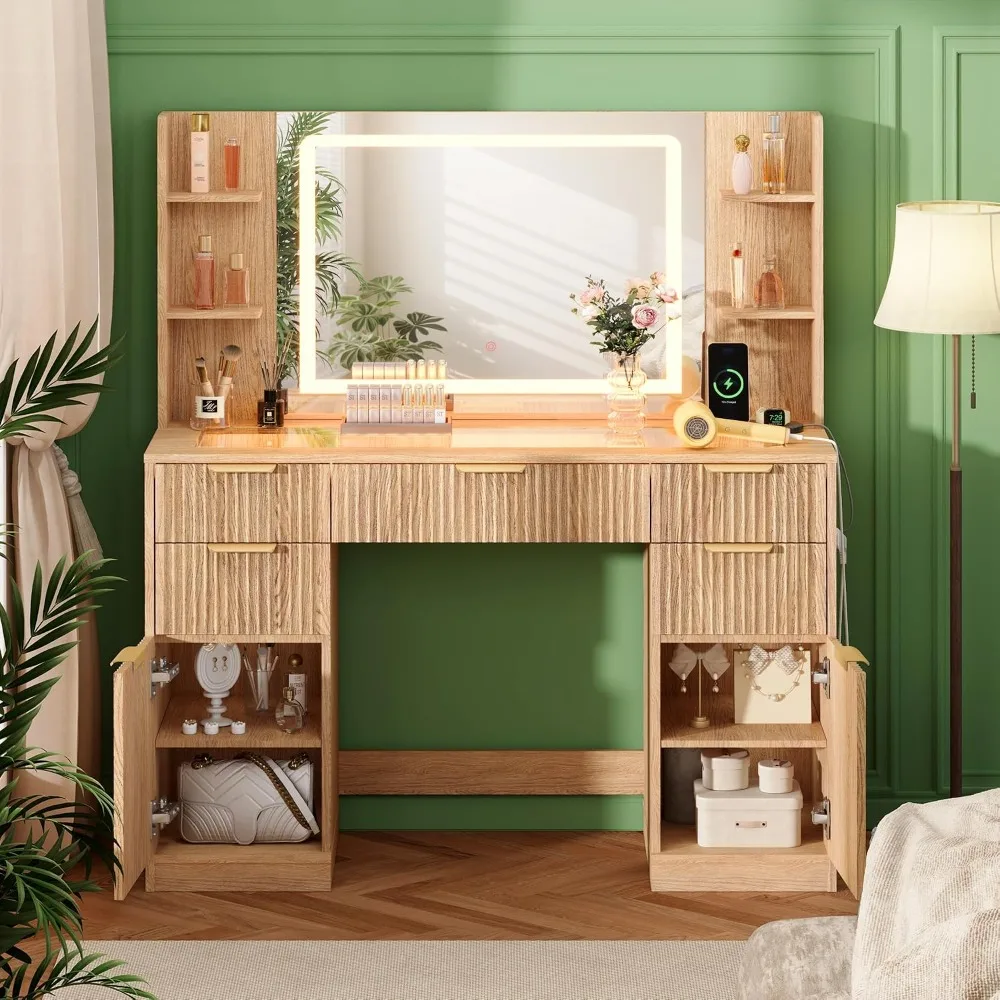 Fluted Glass Top Vanity Desk with 30.2 Inch Lighted Mirror & Desktop Light Strips, 5 Drawers & 2 Cabinets, Custom