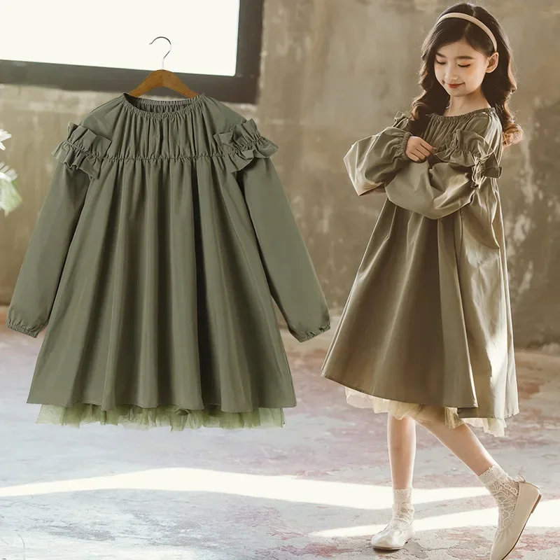 

2023 Autumn New Style Girls' Dress with Big Children's Mesh Hem and Korean Fashion Trend Corduroy Girls' Knee-Length Dress