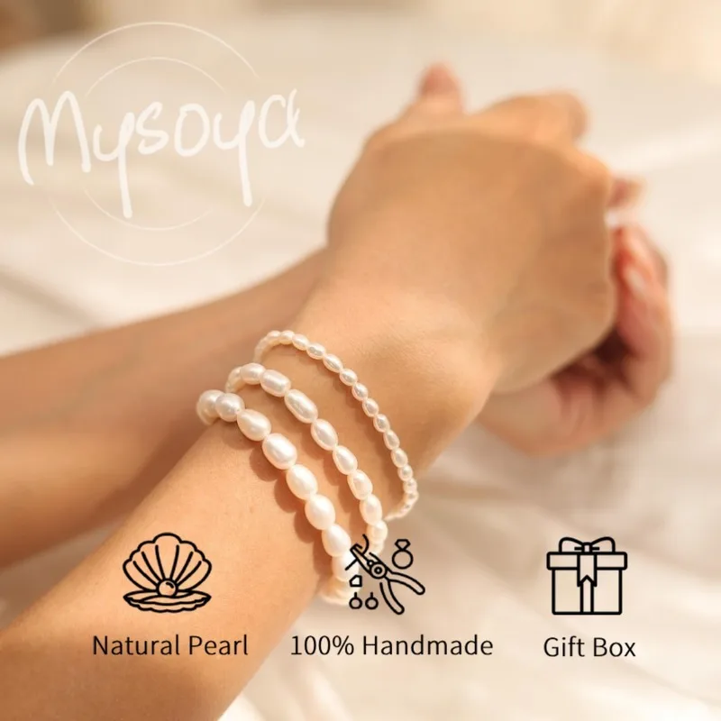 

MYSOYA 3-4mm/4-5mm/5-6mm Natural White Rice Shape Freshwater Pearl Bracelet For Women Men Gift Box Birthday Wedding Jewelry Gift