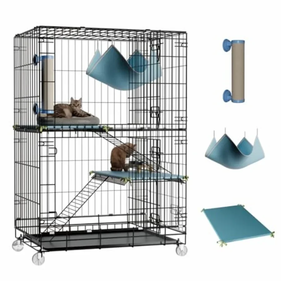 

Indoor 3-Tier Cat Cage: Medium Metal Wire Enclosure with Detachable Scratching Post, Plush Pads, Hammock Gray, Durable Collapsi