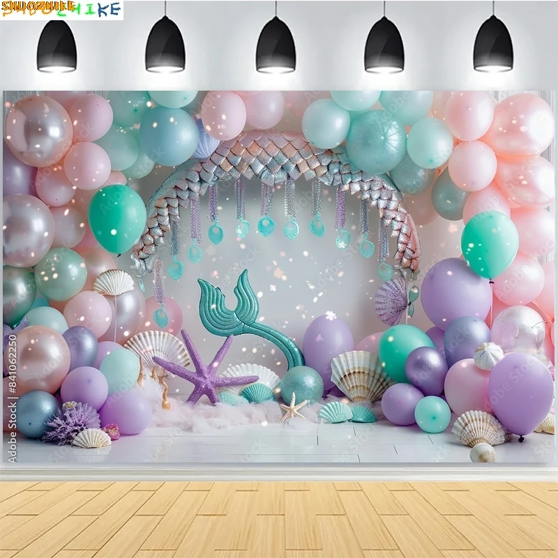 

Mermaid Children Baby Birthday Digital Photography Backdrops Prop Vibrant Colored Balloons Rainbow Clouds Photo Background AO-04